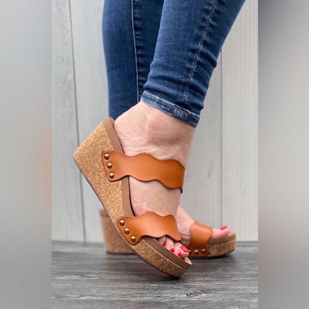 Corkys Footwear Obviously cognac brown Scalloped Double Strap Wedges - Picture 3 of 7